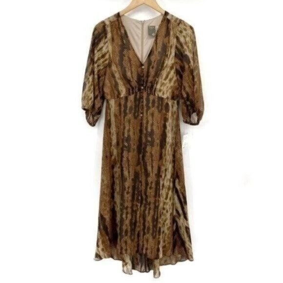 Taylor Chiffon Snake Reptile 3/4 Sheer Sleeve V-Neck Hi/lo Midi 6 Dress NWT - Picture 2 of 11